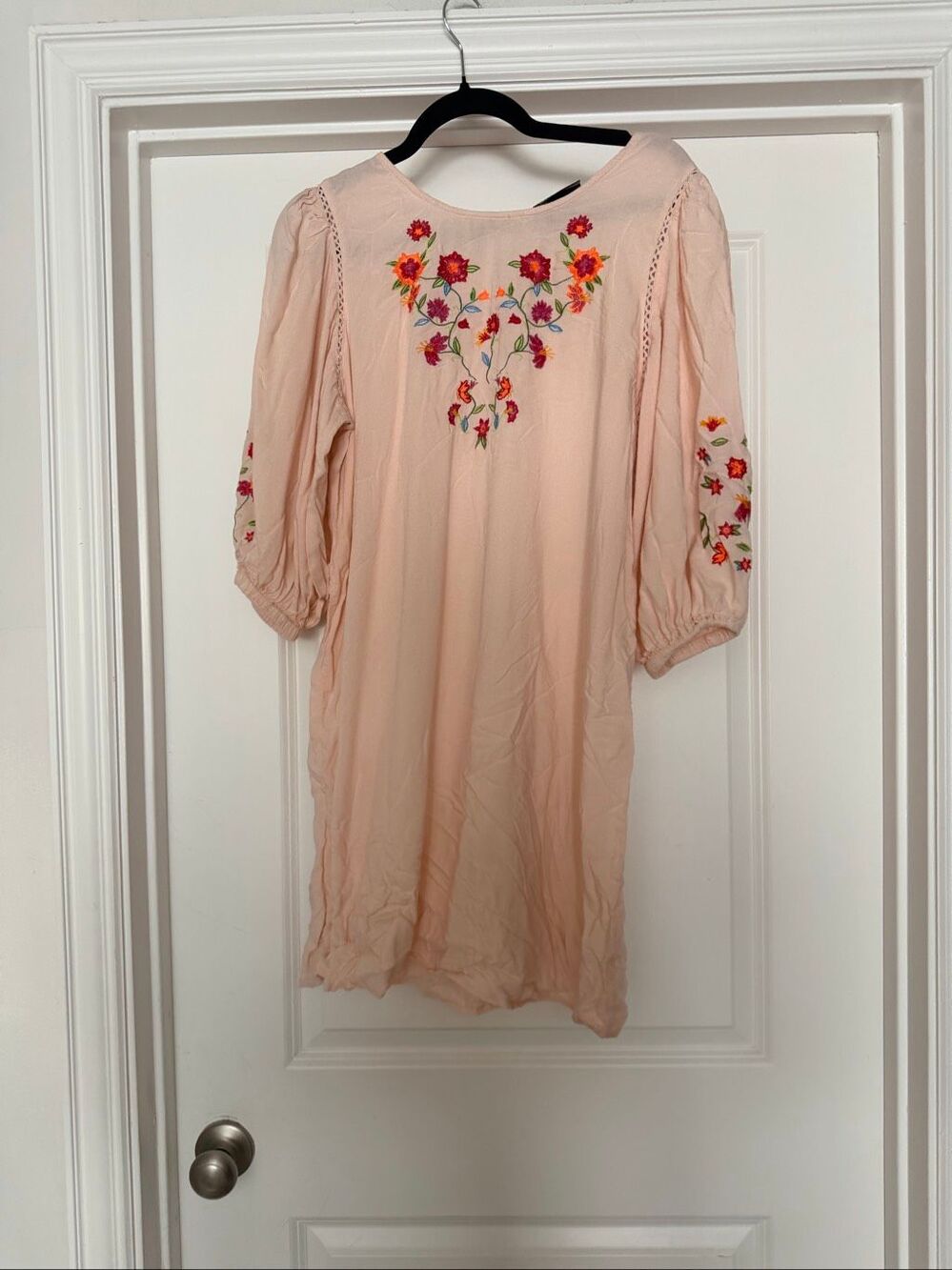 Allison Brittney Pink Floral Embroidered Boho Tunic Shift Dress Size Medium M